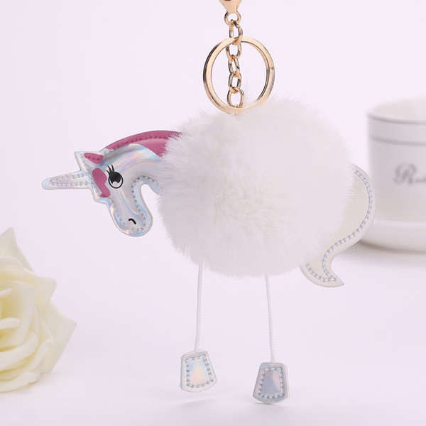 Free Shipping Unicorn Pony Keychain Lovely Fluffy Pendant Artificial Rabbit Fur Key Chain Bag Car Key Ring Hang Bag Accessories