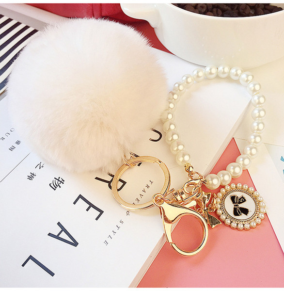 Keyring Key Ring 2016 New Really Good Quality Rabbit Hair Ball Pearl Phone / Car / Bag Pendant SS0006