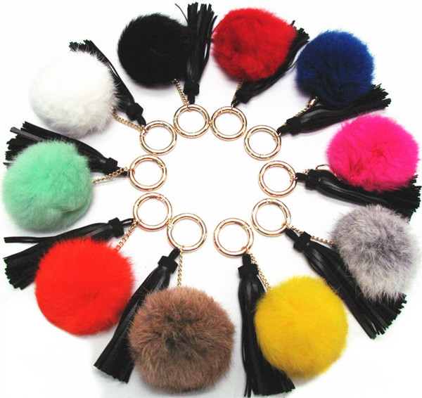 Rabbit Hair Ball Key Chain Ornaments Leather Suede Pendant Tassel Key Ring SS0010