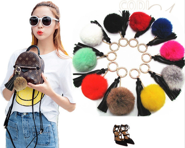 Free shipping Rabbit hair ball key chain ornaments leather suede pendant tassel key chain SS0010