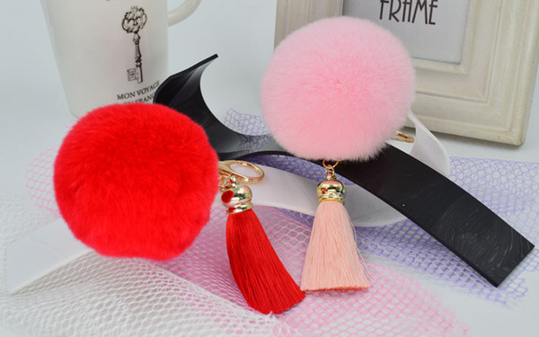 Free shipping 2015 Novelty New Arrival Lovely Genuine Rabbit Fur Ball Pom Car Keychain Handbag Charm Key Ring