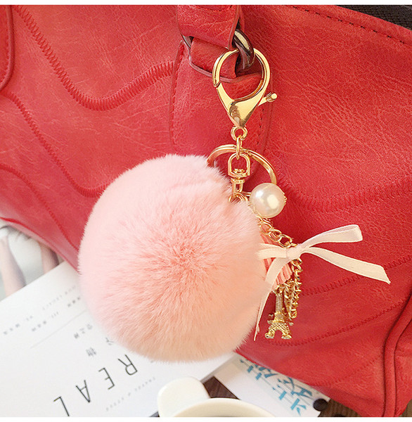 Keyring Key Ring Cute Genuine Rabbit Fur Ball Car Gold Keychain Handbag PomPom Charm Key Tassel Pendant Car Accessories SS0005