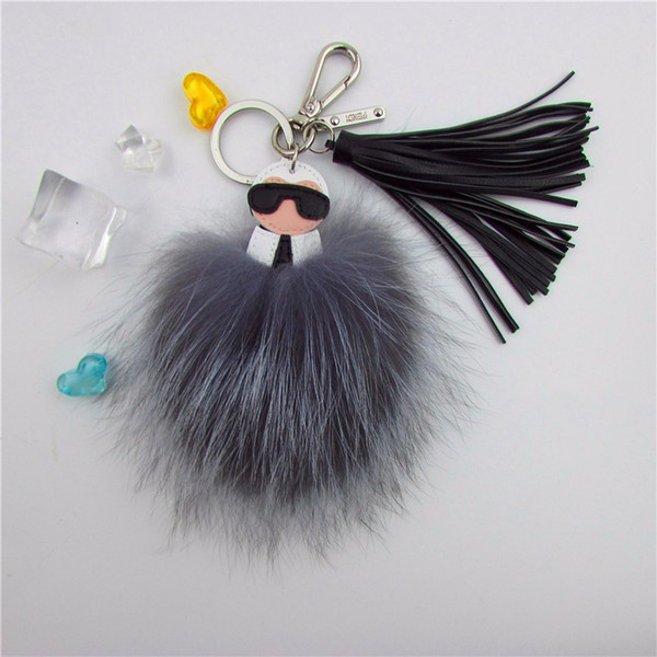 Fluffy leather fur raccoon fox fur monster bag charm keychain pullover leather key ring tassel Pom English keychain