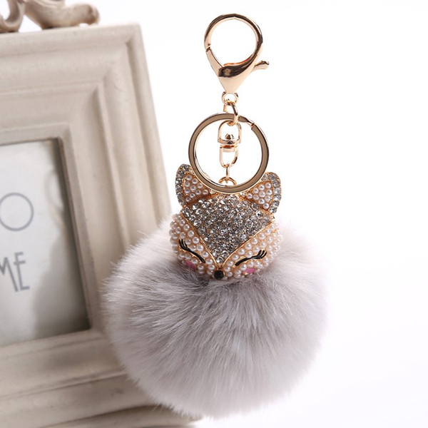 2017 New Artificial Rabbit Fur Ball Keychain Rhinestone Crystal Fox Head Pompon Trinket Key Chain Handbag Fluffy Key Ring Holder