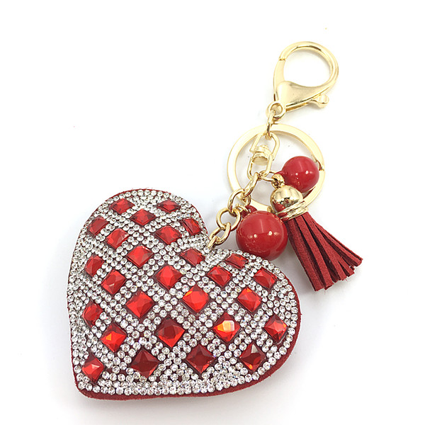 Romantic Women Key Chain Love Heart Pendant Leather tassel Rhinestone crystal Key chain key rings women Gift