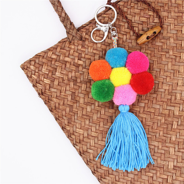 Colorful Flower POM POM Tassel Keychain Pompons Bag Accessories Keychain Key Ring Pendant Jewelry