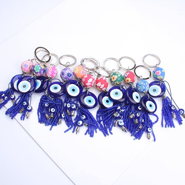 Turkey evil eye keychain keyring tassrl key 8mm blue evil eye beads for women men as gift keychain key ring for fanily