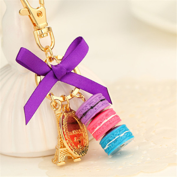 Creative Macarons Cake Keychain Laduree Effiel Tower Ribbon Key Chain Ring Women Handbag Bag Charm Fashion Trinket