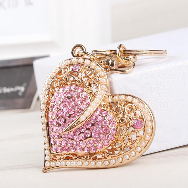 New Fashion Sweet Heart Pearls Crystal Charm Pendant Purse Bag Car Key Ring Chain Wedding Party Jewelry Favorite Gift