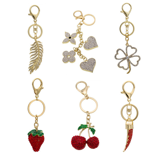 Lovely Red Rhinestone Fruit Cherry Strawberry Chili Keychain Flower Clover Leaf Key Chain Ring Holder Strass Porte Clef