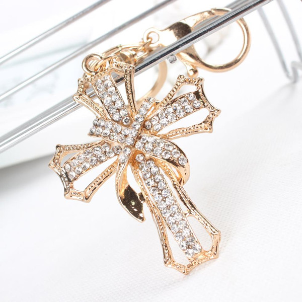 New Arrive Cross Flowers Crystal Rhinestone Charm Pendant Purse Bag Car Key Ring Chain Creative Wedding Party Gift