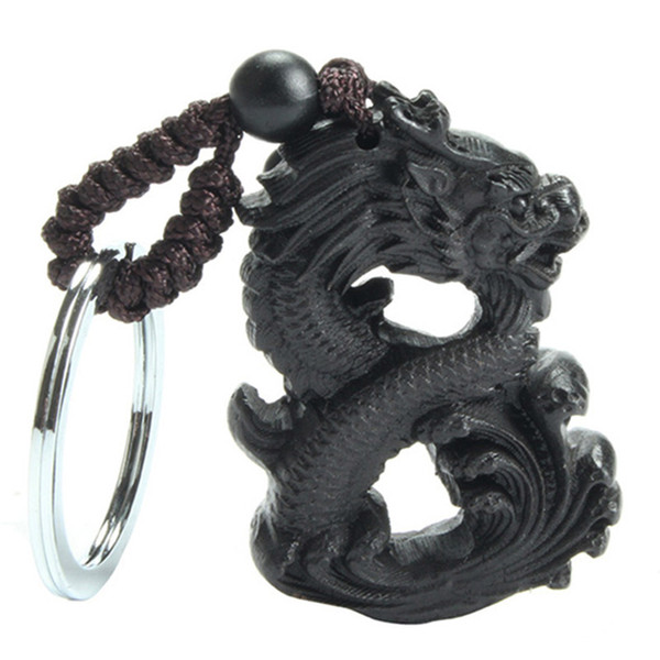 Chinese Traditional Handmade Wood Products Ebony Wood Good Luck Peace Winding Chinese Dragon Car Key Ring Pendant Keychain