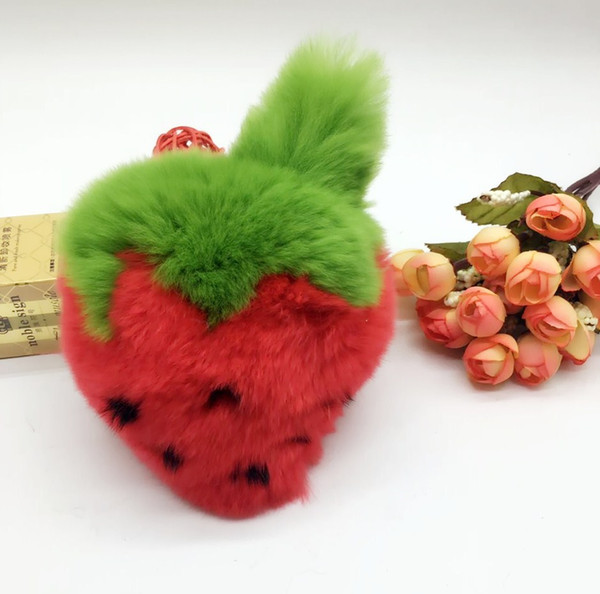 Cute Fluffy Rex Rabbit Fur Strawberry Keychain Woman Bag Charms Trinket Bunny Fur Pompom Ball Keyring PomPom Toy Key Ring Chain