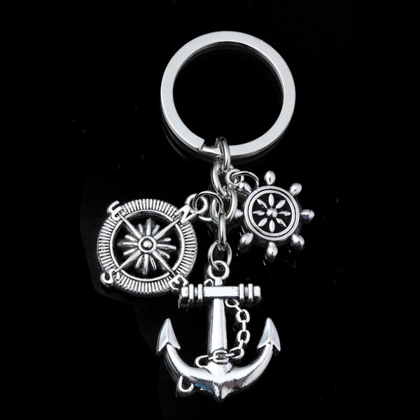 Hot Sale Fashion Vintage Silver Alloy Compass&Anchor Charms KeyChain Bag Decoration For Car Key Ring Jewelry Accessories