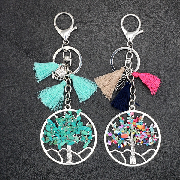 New Arrival Tassel Bohemia Key chain Owl Leaf Turquoises Tree of Life Pendant Key ring for Women and Men