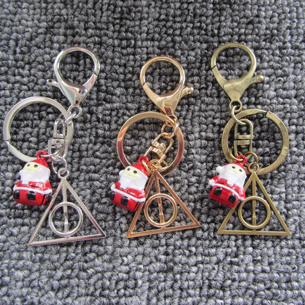 Handmade Harry Potter Keychain Triangle Pendant with Santa Claus Bell Key Chain Cute Bag Pendant For Women Men Christmas Gift