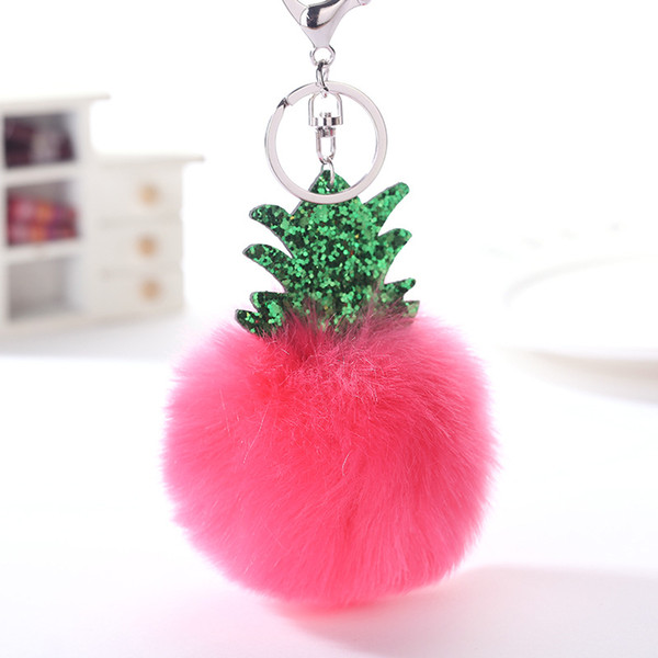 Green Sequin Christmas Tree Pineapple Keychain Women Fluffy Rabbit Fur Pompom Keychain Bag Key Ring