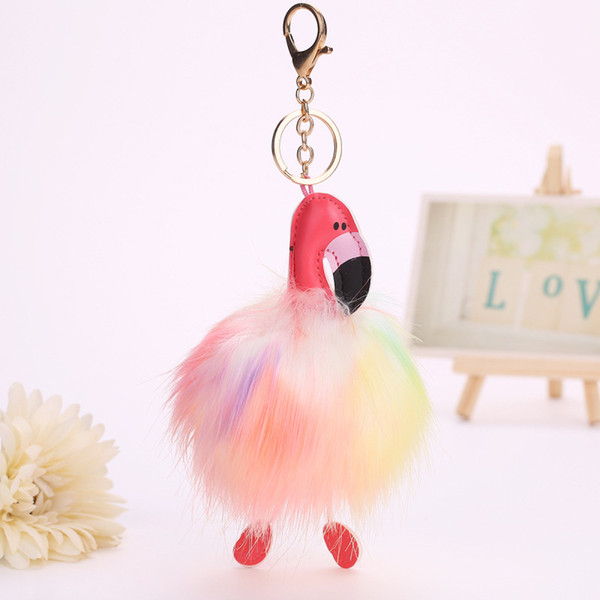 Kawaii Cartoon Flamingo Keychain Pendant For Women Girls Bag Fluffy Artificial Fur Ball Key Chain Ring Pom Pom Jewelry