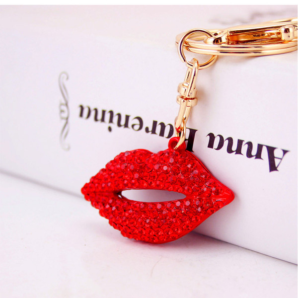 Red Lip Keychain Woman Red Mouth Trendy Car Keyring Metal Key Chain Crystal Rose charm Key Rings for Women bag Pendant gifts