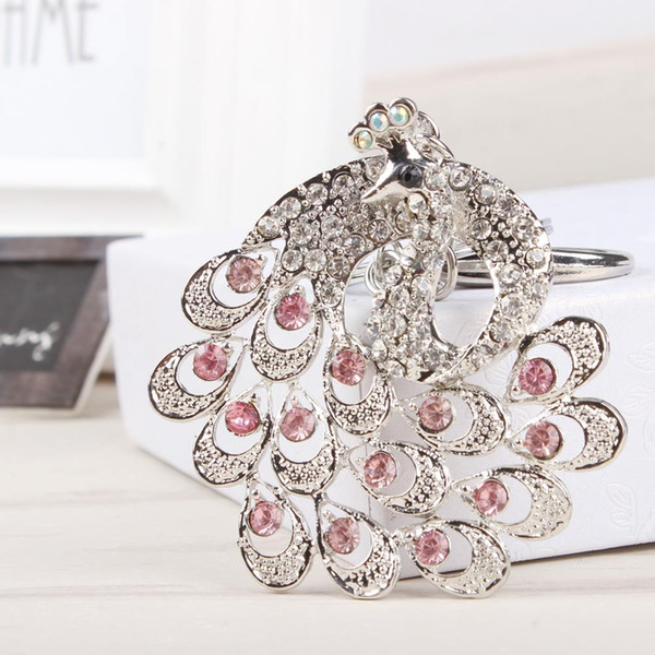 Lovely Peacock Crown Silver Metal New Pink Crystal Charm Pendant Purse Bag Car Key Ring Chain Wedding Party Jewelry Fashion Gift