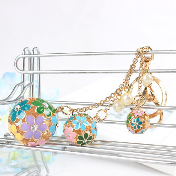 Hollow Ball Pearl Multi-colors Flowers Crystal Rhinestone Charm Pendant Purse Bag Car Key Ring Chain Creative Wedding Party Gift