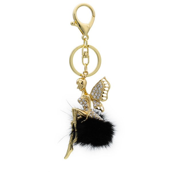 Lovely Angel Girl Fluffy Pompom Fur Ball Key Chain Crystal Rhinestone Black Ball Keychains Car Bag Pendant Key Ring Jewelry