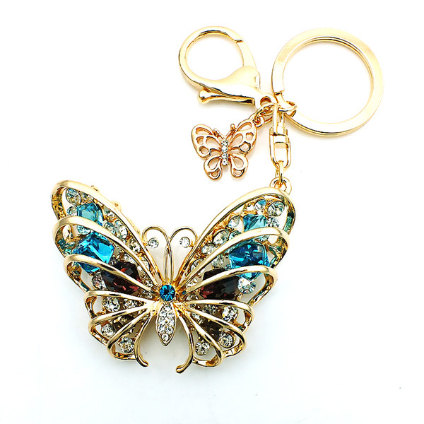 Gold Color Lobster Clasp Key Rings Dangle Color Crystal Butterfly Charms Women Keychain Handbag Luxury Jewelry