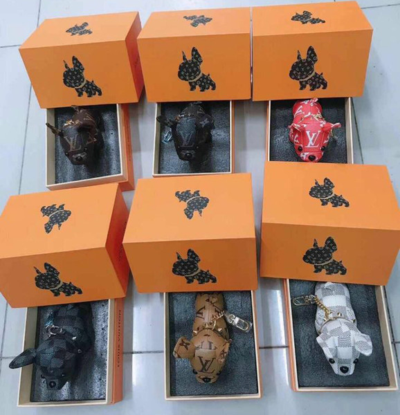 Wholesale brand new design real cow leather French bulldog key chain brand designer French bulldog keychains pendant with box