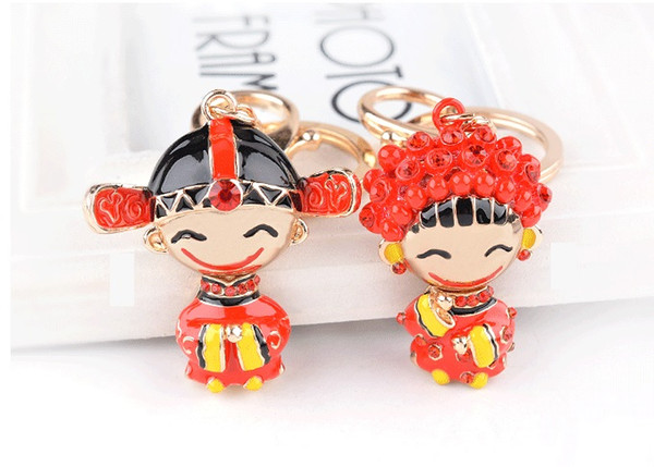 Chinese style diamond-studded bride and groom couple car keychain and bag ornaments