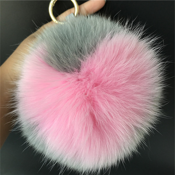 Large Soft Real Fox Fur Pom Pom Ball w Heart Shaped Bag Charm Keyring Pendent