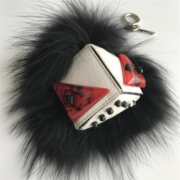 Black- Real Fox Fur Monster w Punk Stud Rivet Face Pompom Keychain Bag Bug Charm