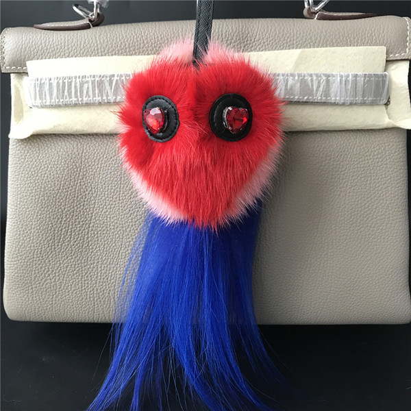 Genuine Real Fur Owl Bird Bag Bug charm Monster heart shaped eyes real Fur Ball pompom Charm Keychain