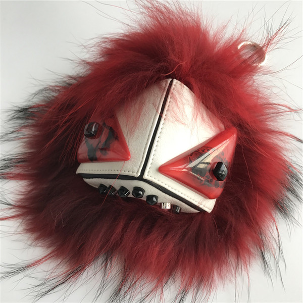 Red- Real Fox Fur Monster w Punk Stud Rivet Face Pompom Keychain Bag Bug Charm