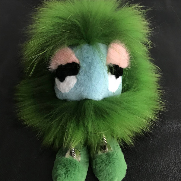 Green Real Genuine fox/Rabbit Fur Monster Bag Bug Charm Doll Toy Fur Pompom Ball Keychain Keychain Tassels Pendant Handbag