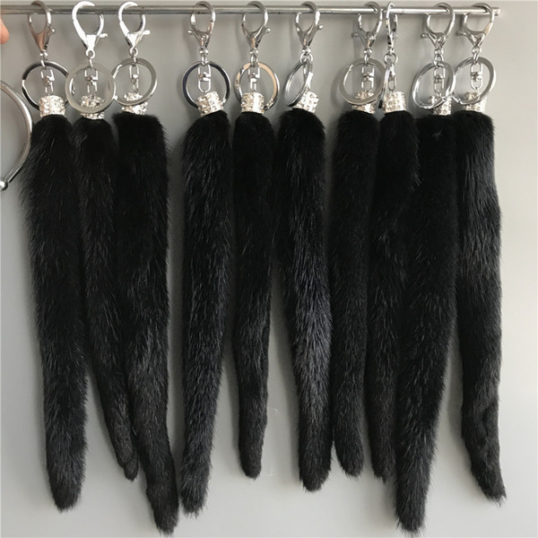 Black 25cm Long Real Fur Tail Tassel w Diamond Bag Charm Car Key Chain