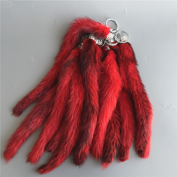 Red 30cm Long Real Fur Tail Tassel w Diamond Bag Charm Car Key Chain