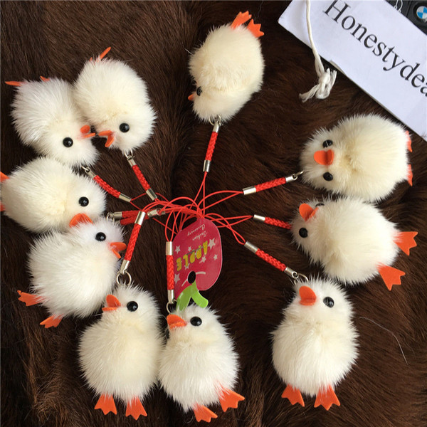 10pcs White Real Fur Ball Chick Duck Charm Phone Purse Pendant Key Chain Keyring