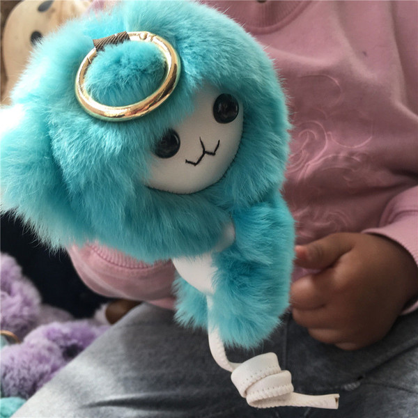 Cyan Cute Real Rabbit Fur Monkey Charm Bag Backpack Pendant Car Keychain Kids Doll