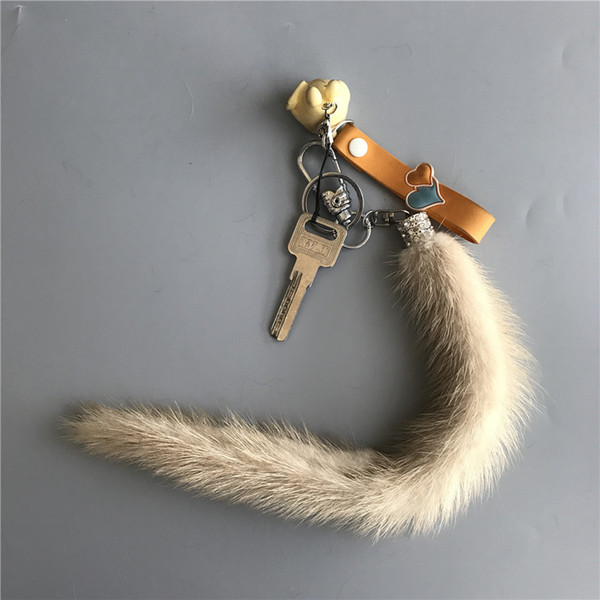 Beige 30cm Long Real Fur Tail Tassel w Diamond Bag Charm Car Key Chain