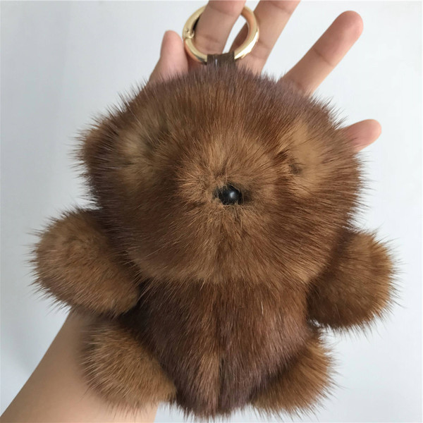 Coffee Real Genuine fur Cute Bear Keychain Bag Charm Key Ring Pendant Keychain Accessories