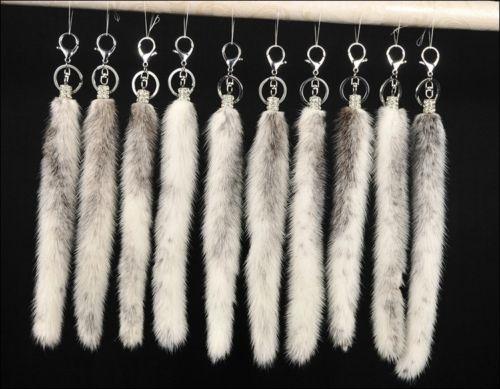 25cm Natural Cross Real Fur Tail Tassel w Diamond Bag Charm Car Key Chain