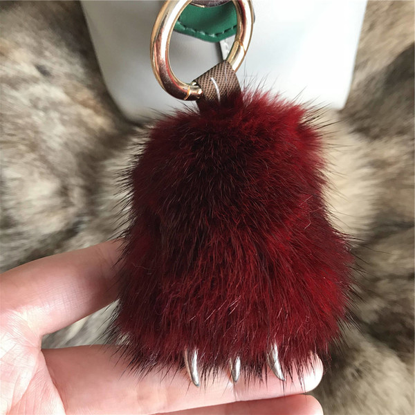 8cm Burgundy-Cute Genuine Real Fur Dewclaws Toy Doll Keychain Pendent Purse Gift