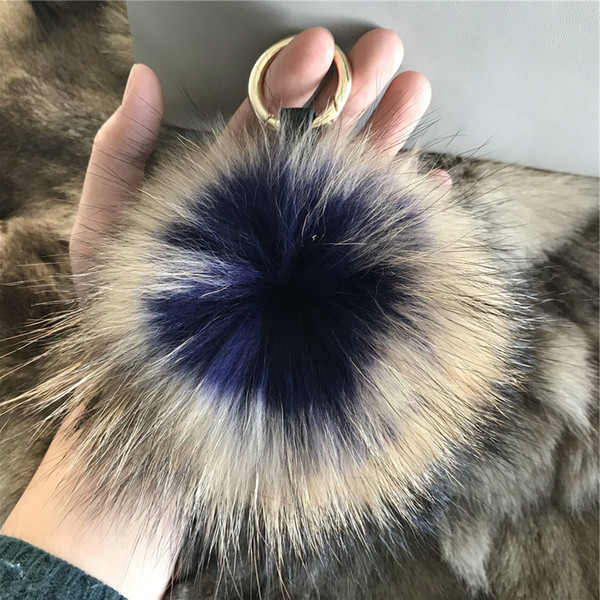 15cm Large Blue Brown- Real Genuine Raccoon Fur Pom Pom Ball Bag charm Car phone Keyring pendent