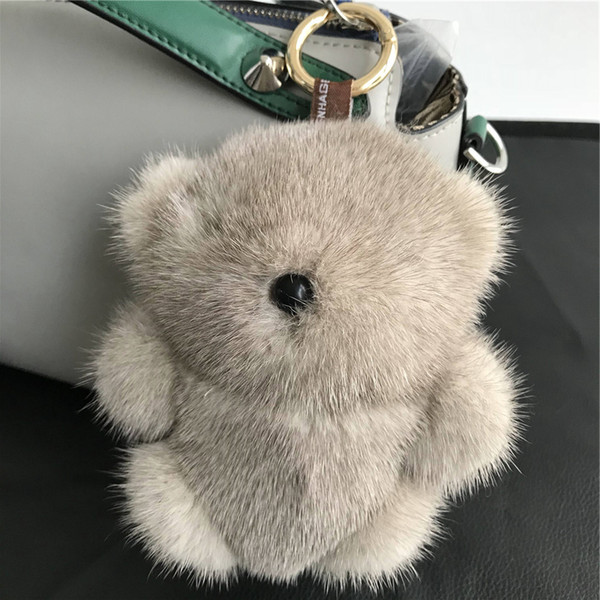 Grey Real Genuine fur Cute Bear Keychain Bag Charm Key Ring Pendant Keychain Accessories