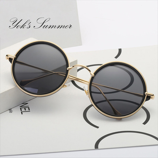 Yok's Round Coating Sunglasses Men Brand Gold Thin Metal Frame Steampunk Sun Glasses Women Black Mirror Round Lens Oculos WL008