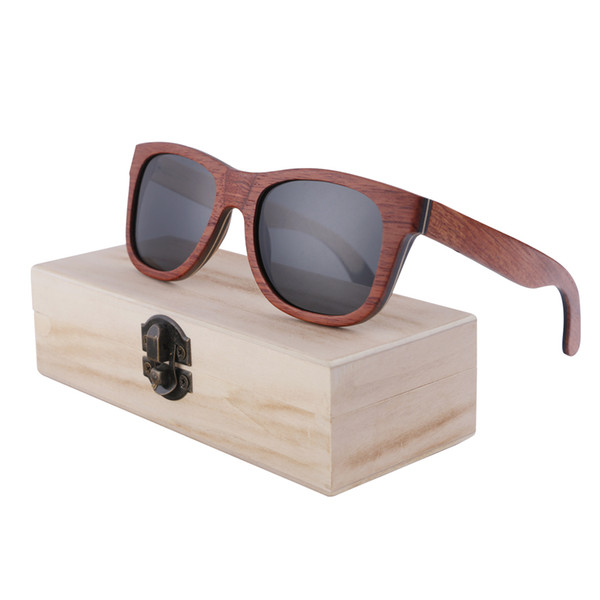 Polarized Sunglasses Women Men Layered Skateboard Wooden Frame Square Style Glasses for Ladies Eyewear with bamboo Box