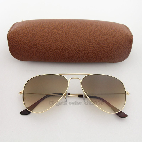 Best quality Hot new Classic Brand Aviation Alloy Gold Frame Brown Gradient Pilot sunglasses men women uv400 sun glasses Male 58mm with box