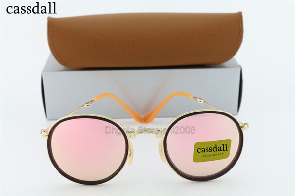 1pcs cassdall Gold Metal Round Folding Sunglasses Fashion Women Glass Pink Mirror Lenses Brand Design Summer Sunglass with Leather Box