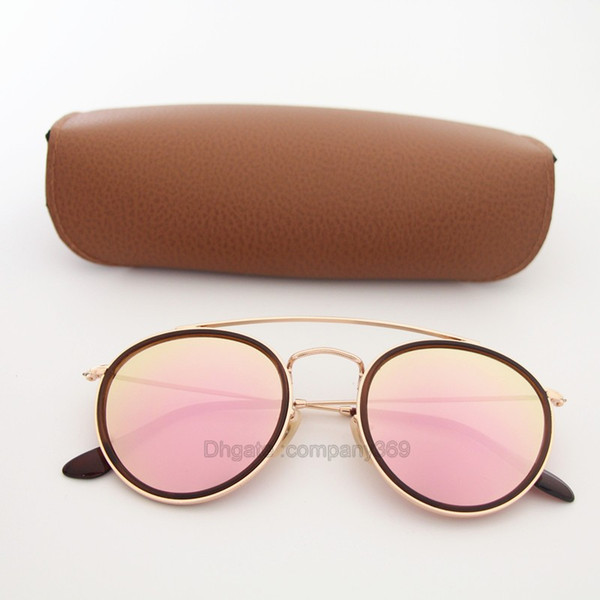 1pcs New top Quality Round Style 3647 Sunglasses Gold frame Pink Mirror glass lens 51mm for Men women Retro Eyewear with Brown package