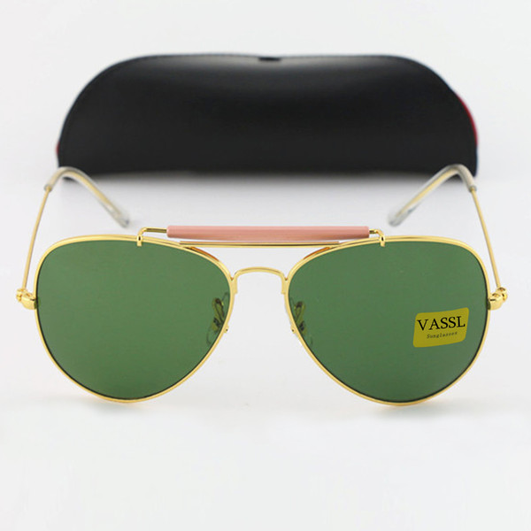 10pcs Best Quality Vassl Designer Pilot Sunglasses For Mens Womens Outdoorsman Sun Glasses Eyewear Large Gold Frame Green 62mm Lens With Box